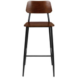 English Elm Commercial Grade Industrial Barstool with Gunmetal Steel Frame and Rustic Wood Seat