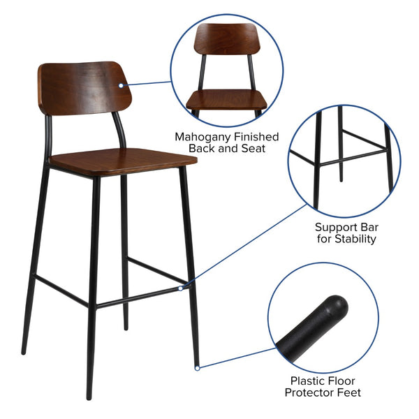 English Elm Commercial Grade Industrial Barstool with Gunmetal Steel Frame and Rustic Wood Seat