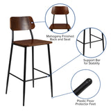 English Elm Commercial Grade Industrial Barstool with Gunmetal Steel Frame and Rustic Wood Seat