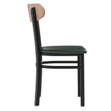 English Elm Commercial Grade Commercial Dining Chair with 500 LB. Capacity Black Steel Frame, Natural Birch Finish Wooden Boomerang Back, and Vinyl Seat