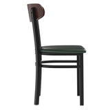 English Elm Commercial Grade Commercial Dining Chair with 500 LB. Capacity Black Steel Frame, Walnut Finish Wooden Boomerang Back, and Vinyl Seat