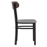 English Elm Commercial Grade Commercial Dining Chair with 500 LB. Capacity Black Steel Frame, Walnut Finish Wooden Boomerang Back, and Vinyl Seat