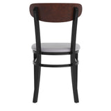 English Elm Commercial Grade Commercial Dining Chair with 500 LB. Capacity Black Steel Frame, Walnut Finish Wooden Boomerang Back, and Vinyl Seat