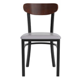 English Elm Commercial Grade Commercial Dining Chair with 500 LB. Capacity Black Steel Frame, Walnut Finish Wooden Boomerang Back, and Vinyl Seat