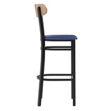 English Elm Commercial Grade Commercial Barstool with 500 LB. Capacity Black Steel Frame, Natural Birch Finish Wooden Boomerang Back, and Vinyl Seat