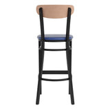 English Elm Commercial Grade Commercial Barstool with 500 LB. Capacity Black Steel Frame, Natural Birch Finish Wooden Boomerang Back, and Vinyl Seat