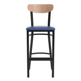 English Elm Commercial Grade Commercial Barstool with 500 LB. Capacity Black Steel Frame, Natural Birch Finish Wooden Boomerang Back, and Vinyl Seat