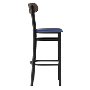 English Elm Commercial Grade Commercial Barstool with 500 LB. Capacity Black Steel Frame, Walnut Finish Wooden Boomerang Back, and Vinyl Seat