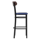 English Elm Commercial Grade Commercial Barstool with 500 LB. Capacity Black Steel Frame, Walnut Finish Wooden Boomerang Back, and Vinyl Seat