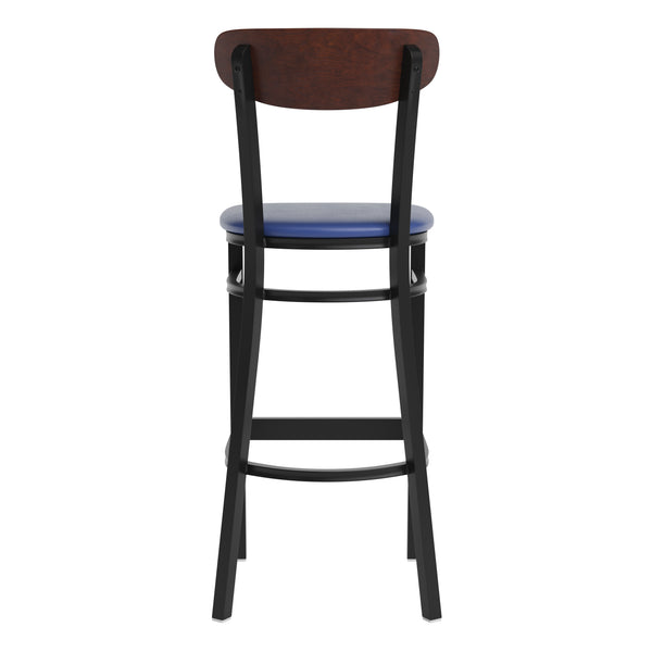 English Elm Commercial Grade Commercial Barstool with 500 LB. Capacity Black Steel Frame, Walnut Finish Wooden Boomerang Back, and Vinyl Seat