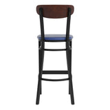 English Elm Commercial Grade Commercial Barstool with 500 LB. Capacity Black Steel Frame, Walnut Finish Wooden Boomerang Back, and Vinyl Seat