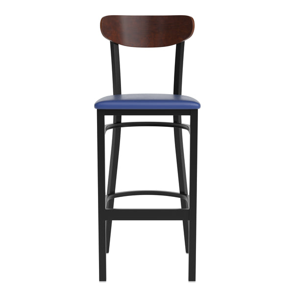 English Elm Commercial Grade Commercial Barstool with 500 LB. Capacity Black Steel Frame, Walnut Finish Wooden Boomerang Back, and Vinyl Seat