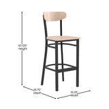 English Elm Commercial Grade Commercial Grade Barstool with 500 LB. Capacity Black Steel Frame, Solid Wood Seat, and Boomerang Back, Finish