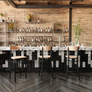 English Elm Commercial Grade Commercial Grade Barstool with 500 LB. Capacity Black Steel Frame, Solid Wood Seat, and Boomerang Back, Finish