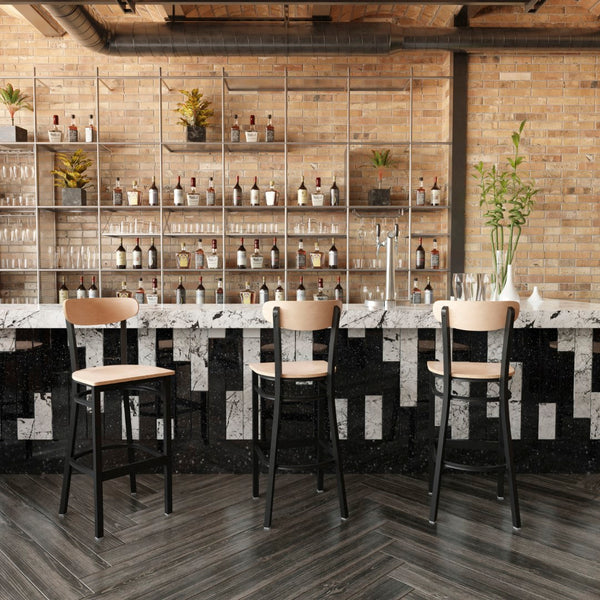 English Elm Commercial Grade Commercial Grade Barstool with 500 LB. Capacity Black Steel Frame, Solid Wood Seat, and Boomerang Back, Finish