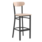 English Elm Commercial Grade Commercial Grade Barstool with 500 LB. Capacity Black Steel Frame, Solid Wood Seat, and Boomerang Back, Finish