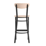 English Elm Commercial Grade Commercial Grade Barstool with 500 LB. Capacity Black Steel Frame, Solid Wood Seat, and Boomerang Back, Finish