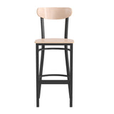 English Elm Commercial Grade Commercial Grade Barstool with 500 LB. Capacity Black Steel Frame, Solid Wood Seat, and Boomerang Back, Finish