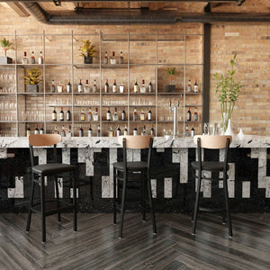 English Elm Commercial Grade Commercial Barstool with 500 LB. Capacity Steel Frame, Natural Birch Finish Wooden Boomerang Back, and Vinyl Seat