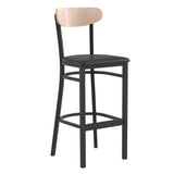 English Elm Commercial Grade Commercial Barstool with 500 LB. Capacity Steel Frame, Natural Birch Finish Wooden Boomerang Back, and Vinyl Seat