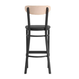 English Elm Commercial Grade Commercial Barstool with 500 LB. Capacity Steel Frame, Natural Birch Finish Wooden Boomerang Back, and Vinyl Seat