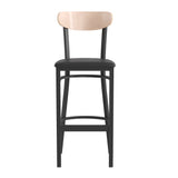 English Elm Commercial Grade Commercial Barstool with 500 LB. Capacity Steel Frame, Natural Birch Finish Wooden Boomerang Back, and Vinyl Seat