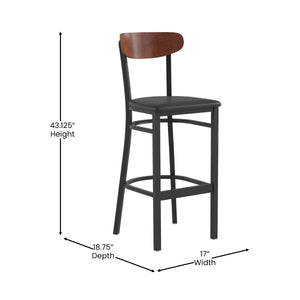 English Elm Commercial Grade Commercial Barstool with 500 LB. Capacity Steel Frame, Walnut Finish Wooden Boomerang Back, and Vinyl Seat