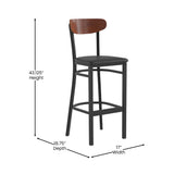 English Elm Commercial Grade Commercial Barstool with 500 LB. Capacity Steel Frame, Walnut Finish Wooden Boomerang Back, and Vinyl Seat