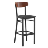 English Elm Commercial Grade Commercial Barstool with 500 LB. Capacity Steel Frame, Walnut Finish Wooden Boomerang Back, and Vinyl Seat