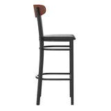 English Elm Commercial Grade Commercial Barstool with 500 LB. Capacity Steel Frame, Walnut Finish Wooden Boomerang Back, and Vinyl Seat