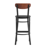 English Elm Commercial Grade Commercial Barstool with 500 LB. Capacity Steel Frame, Walnut Finish Wooden Boomerang Back, and Vinyl Seat