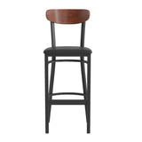 English Elm Commercial Grade Commercial Barstool with 500 LB. Capacity Steel Frame, Walnut Finish Wooden Boomerang Back, and Vinyl Seat