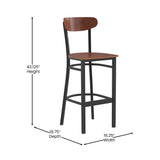 English Elm Commercial Grade Commercial Grade Barstool with 500 LB. Capacity Black Steel Frame, Solid Wood Seat, and Boomerang Back, Finish