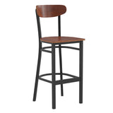 English Elm Commercial Grade Commercial Grade Barstool with 500 LB. Capacity Black Steel Frame, Solid Wood Seat, and Boomerang Back, Finish