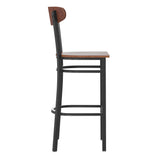 English Elm Commercial Grade Commercial Grade Barstool with 500 LB. Capacity Black Steel Frame, Solid Wood Seat, and Boomerang Back, Finish