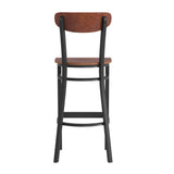 English Elm Commercial Grade Commercial Grade Barstool with 500 LB. Capacity Black Steel Frame, Solid Wood Seat, and Boomerang Back, Finish