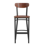 English Elm Commercial Grade Commercial Grade Barstool with 500 LB. Capacity Black Steel Frame, Solid Wood Seat, and Boomerang Back, Finish