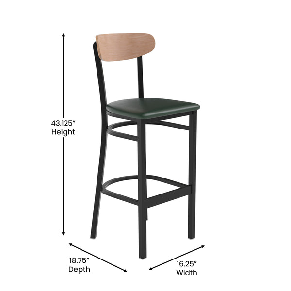 English Elm Commercial Grade Commercial Barstool with 500 LB. Capacity Black Steel Frame, Natural Birch Finish Wooden Boomerang Back, and Vinyl Seat