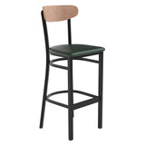 English Elm Commercial Grade Commercial Barstool with 500 LB. Capacity Black Steel Frame, Natural Birch Finish Wooden Boomerang Back, and Vinyl Seat