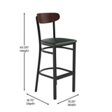 English Elm Commercial Grade Commercial Barstool with 500 LB. Capacity Black Steel Frame, Walnut Finish Wooden Boomerang Back, and Vinyl Seat