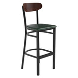 English Elm Commercial Grade Commercial Barstool with 500 LB. Capacity Black Steel Frame, Walnut Finish Wooden Boomerang Back, and Vinyl Seat