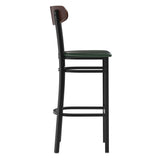 English Elm Commercial Grade Commercial Barstool with 500 LB. Capacity Black Steel Frame, Walnut Finish Wooden Boomerang Back, and Vinyl Seat