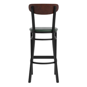 English Elm Commercial Grade Commercial Barstool with 500 LB. Capacity Black Steel Frame, Walnut Finish Wooden Boomerang Back, and Vinyl Seat