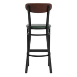 English Elm Commercial Grade Commercial Barstool with 500 LB. Capacity Black Steel Frame, Walnut Finish Wooden Boomerang Back, and Vinyl Seat