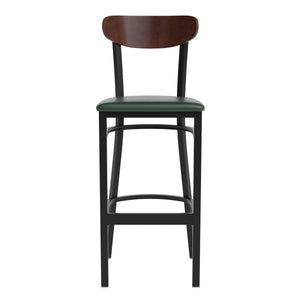 English Elm Commercial Grade Commercial Barstool with 500 LB. Capacity Black Steel Frame, Walnut Finish Wooden Boomerang Back, and Vinyl Seat