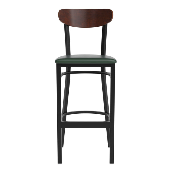 English Elm Commercial Grade Commercial Barstool with 500 LB. Capacity Black Steel Frame, Walnut Finish Wooden Boomerang Back, and Vinyl Seat