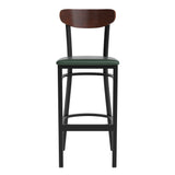 English Elm Commercial Grade Commercial Barstool with 500 LB. Capacity Black Steel Frame, Walnut Finish Wooden Boomerang Back, and Vinyl Seat