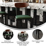 English Elm Commercial Grade Commercial Barstool with 500 LB. Capacity Black Steel Frame, Walnut Finish Wooden Boomerang Back, and Vinyl Seat