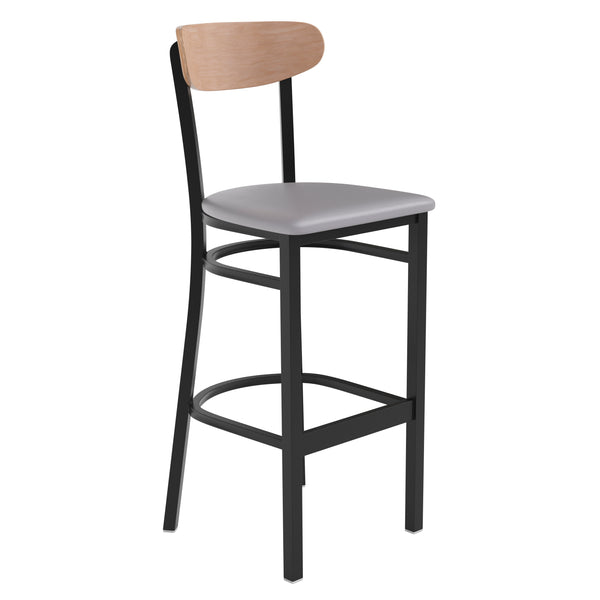 English Elm Commercial Grade Commercial Barstool with 500 LB. Capacity Black Steel Frame, Natural Birch Finish Wooden Boomerang Back, and Vinyl Seat