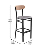 English Elm Commercial Grade Commercial Barstool with 500 LB. Capacity Black Steel Frame, Natural Birch Finish Wooden Boomerang Back, and Vinyl Seat